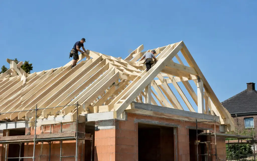 Charpentiers posant une charpente en bois neuve sur une maison près de Mons