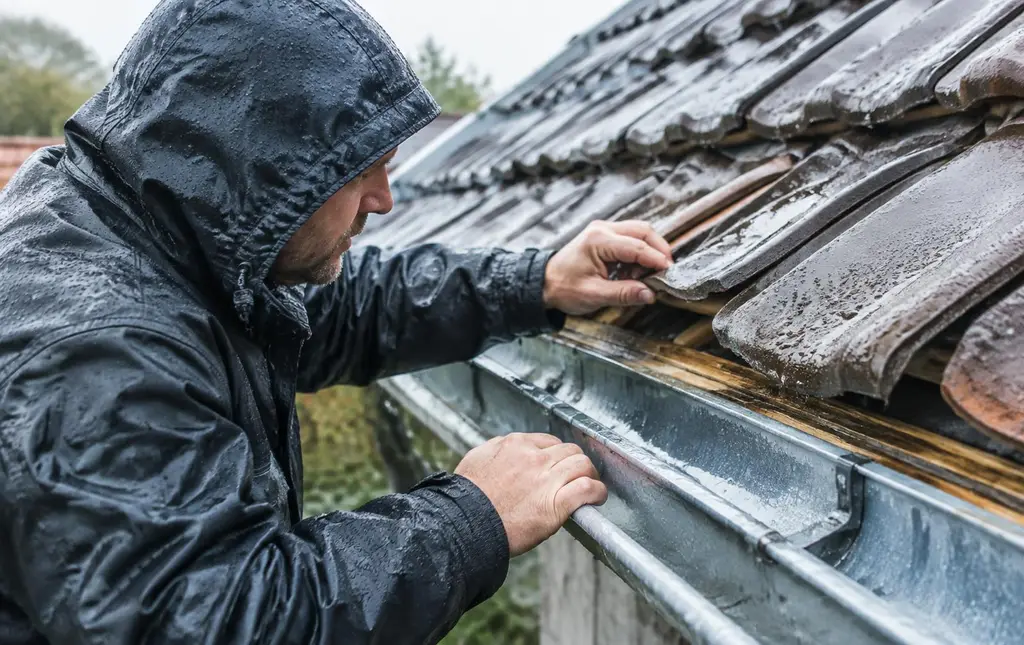 Couvreur inspectant des tuiles et une gouttière en zinc pour rechercher une fuite de toiture à Mons
