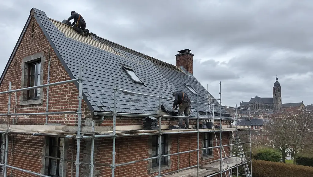 Couvreurs rénovant une toiture en ardoise sur une maison en briques à Mons